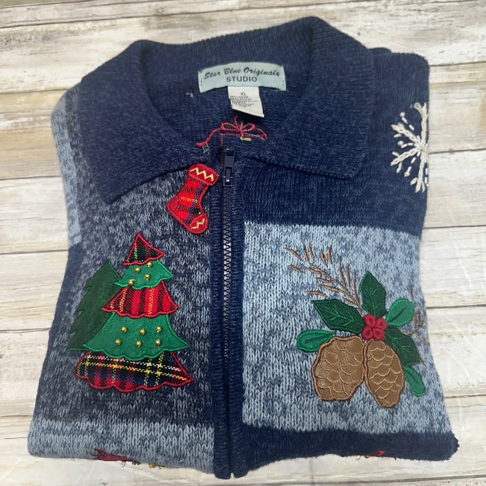 Star‎  Blue Originals Studio Women's Christmas zip cardigan appliqué size XL